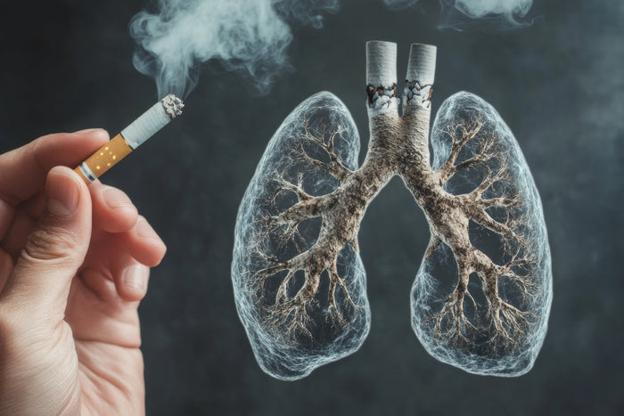 Illustration comparing healthy and smoke-damaged lungs beside a lit cigarette, showing the impact of smoking on respiratory health.