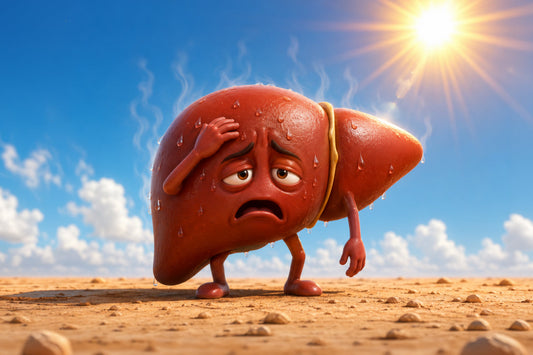 Illustrated tired liver character sweating under the hot summer sun, symbolizing how unhealthy summer eating habits can place extra stress on liver health.