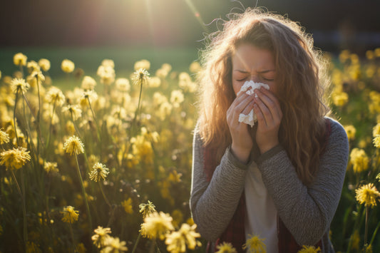 Woman sneezing in a flower field during high pollen season showing seasonal allergy and respiratory discomfort