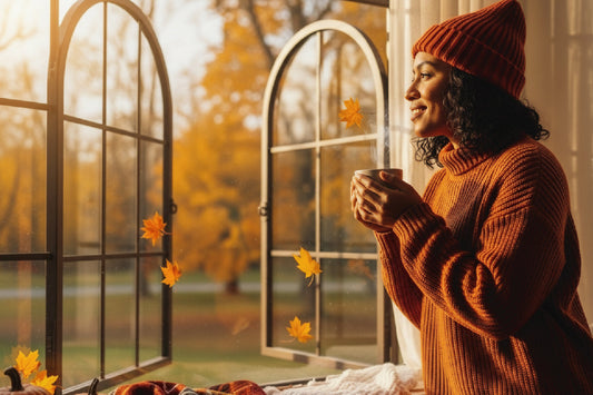 Woman enjoying a warm drink by the window on a fall morning, representing cozy autumn wellness and immune health.