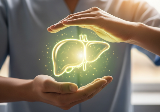 Hands gently holding a glowing liver icon symbolizing liver protection, detoxification, and overall liver wellness.