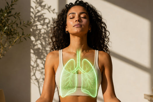 Woman practicing mindful breathing with illustrated lungs, highlighting healthy lung function, respiratory wellness, and graceful aging