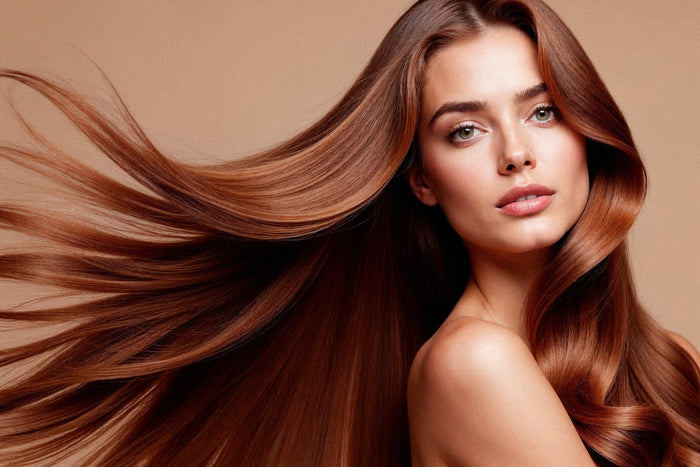 Woman with long, smooth, healthy hair illustrating the role of collagen, biotin, and keratin in supporting stronger-looking, shinier hair.