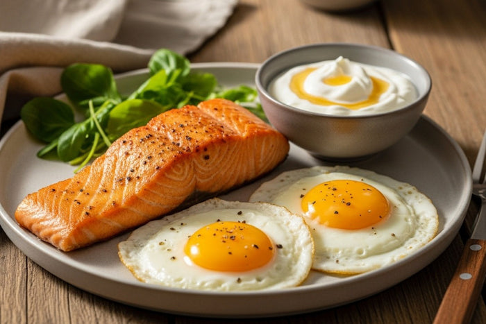 Grilled salmon with sunny-side-up eggs, green leafy vegetables, and a bowl of yogurt on a wooden table — magnesium-rich meal for better absorption.
