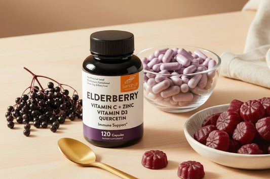 Bottle of Sandhus Elderberry supplement with vitamin C, zinc, vitamin D3, and quercetin placed beside elderberries, capsules, and gummies, representing natural immune support.