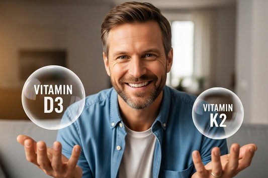 Smiling man holding Vitamin D3 and Vitamin K2 symbols, highlighting the benefits of combining D3 with K2 for overall health
