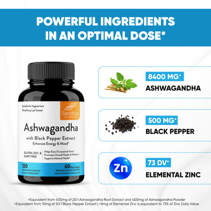 Ashwagandha with Black Pepper Extract Capsules 120 Ct