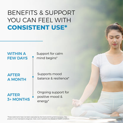 Woman meditating with text about the benefits and support of consistent use, set against a blurred natural background.