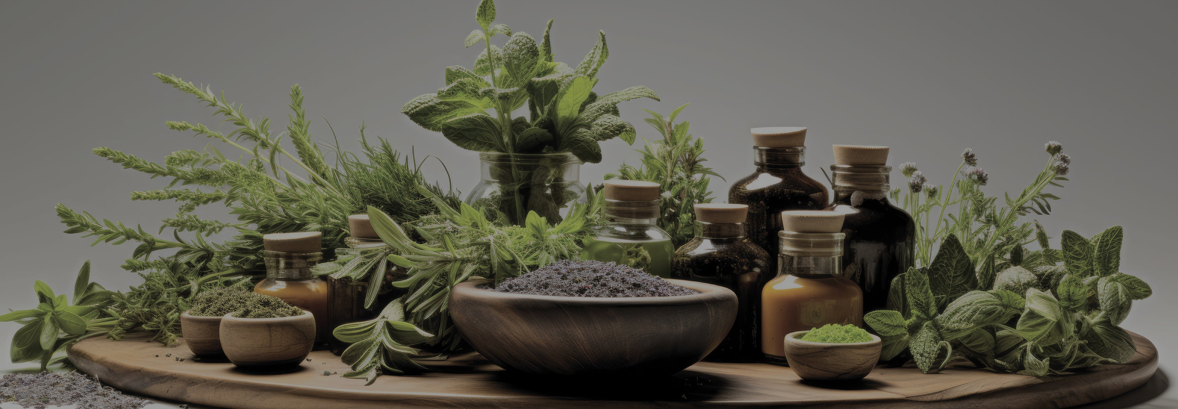 Herbal plants and bottles on a wooden surface with a dark background
