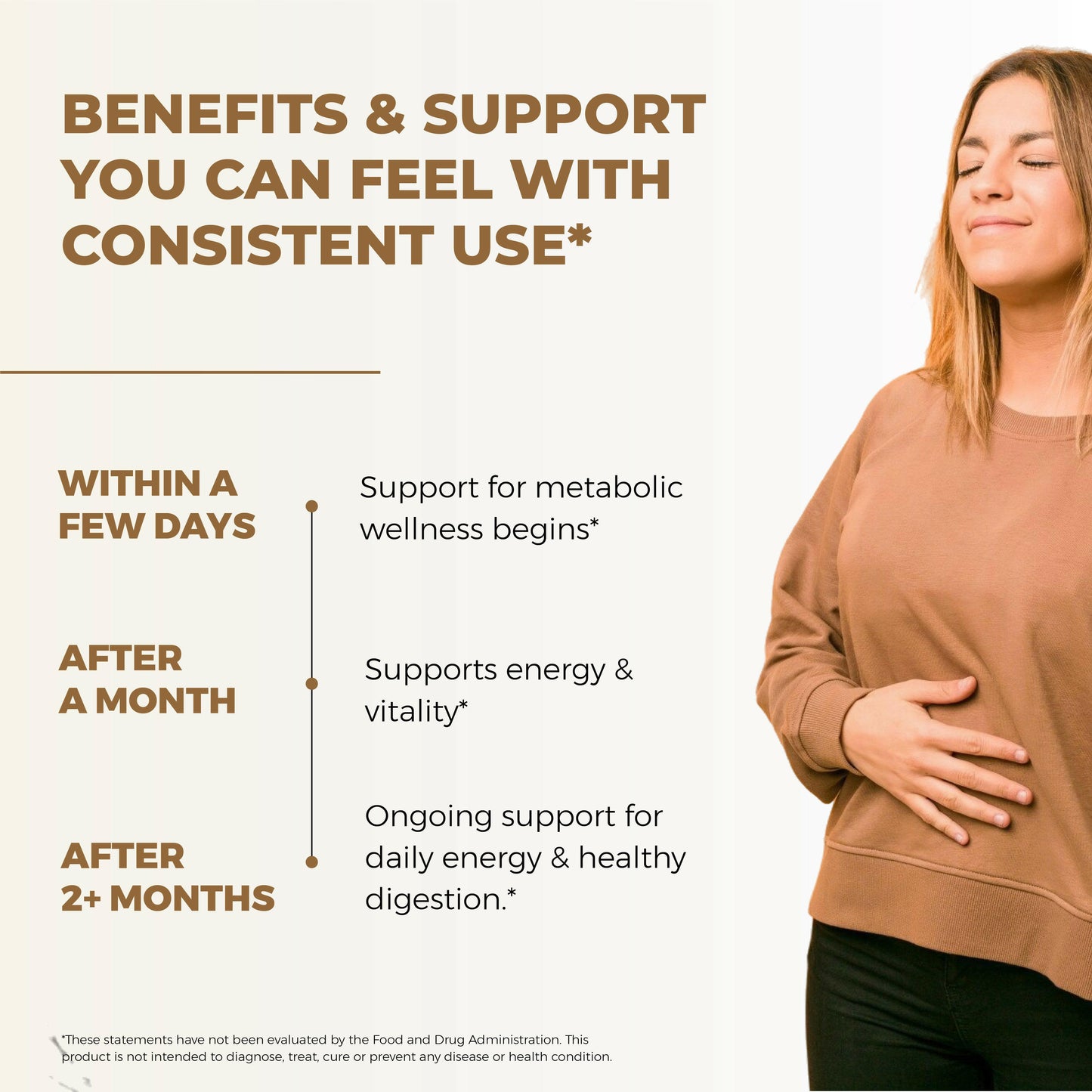 Smiling woman with text about consistent Berberine use supporting metabolic wellness, energy, vitality, and digestion.