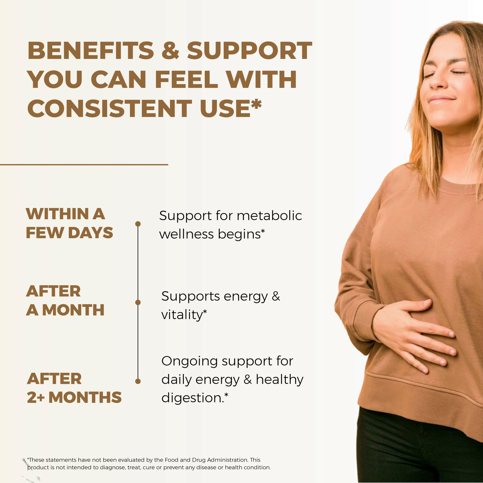 Smiling woman with text about consistent Berberine use supporting metabolic wellness, energy, vitality, and digestion.