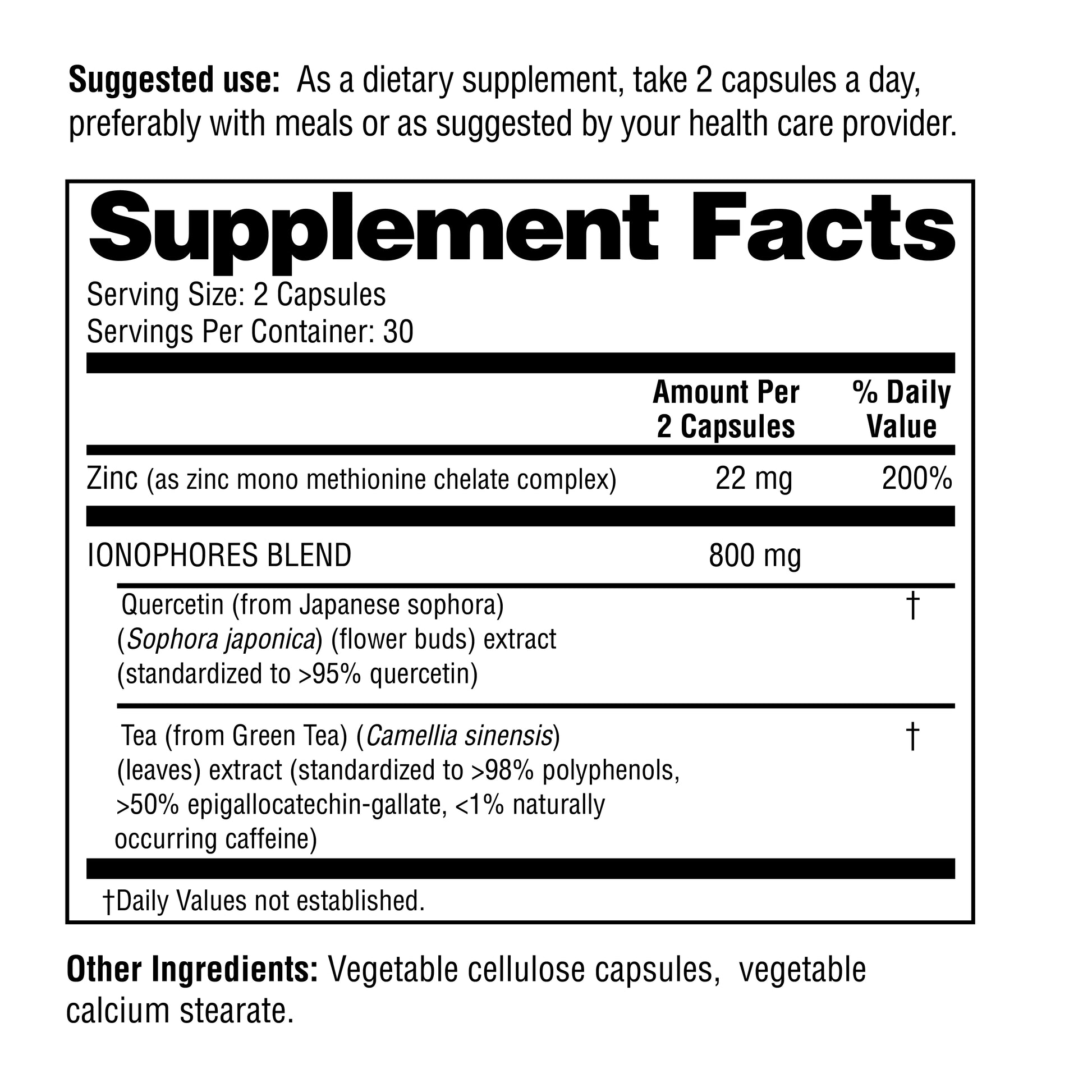 Supplement label with dietary supplement facts and suggested use on a white background