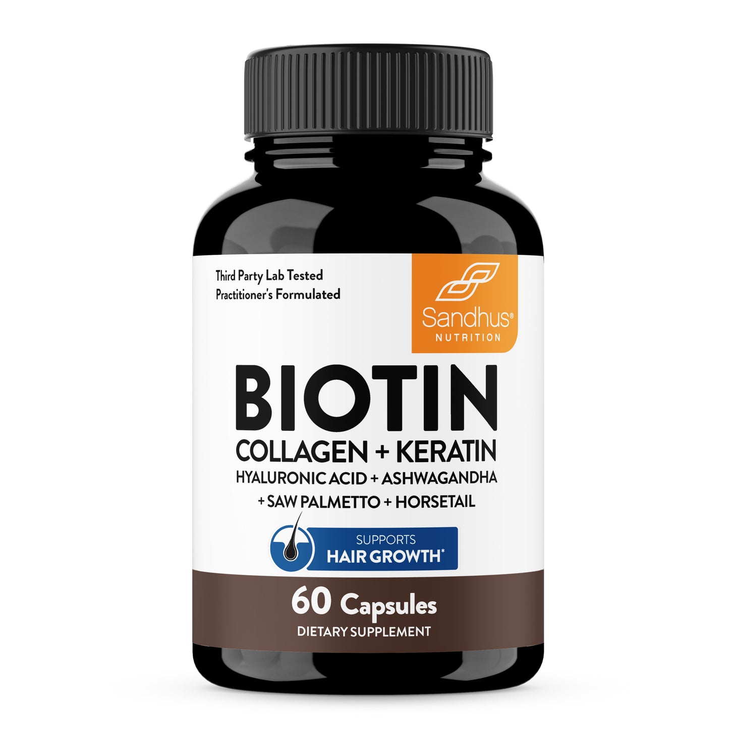 Supplement bottle labeled 'Biotin Collagen + Keratin' by Sandhuss Nutrition on a white background