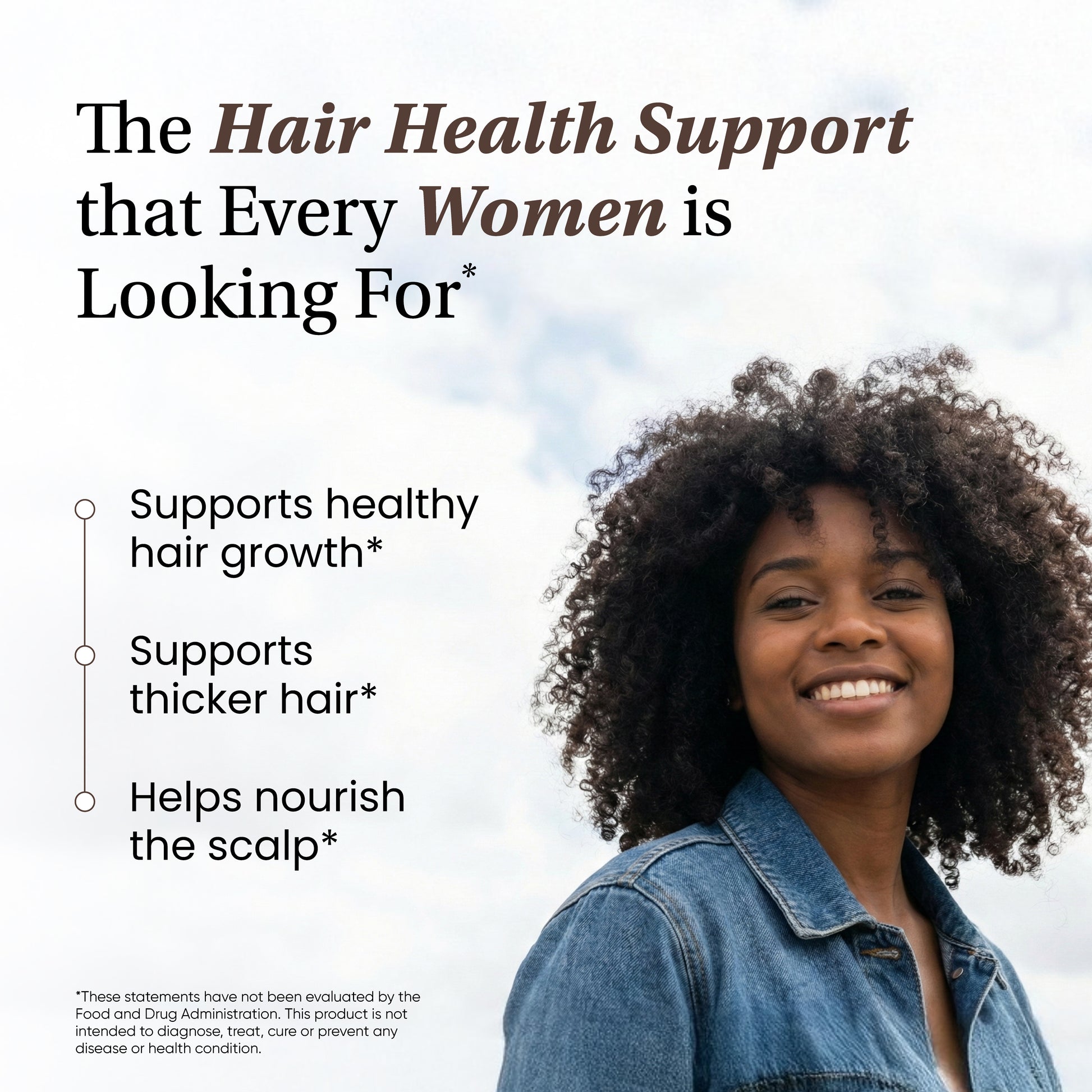 Woman with curly hair smiling outdoors with text about hair health support.