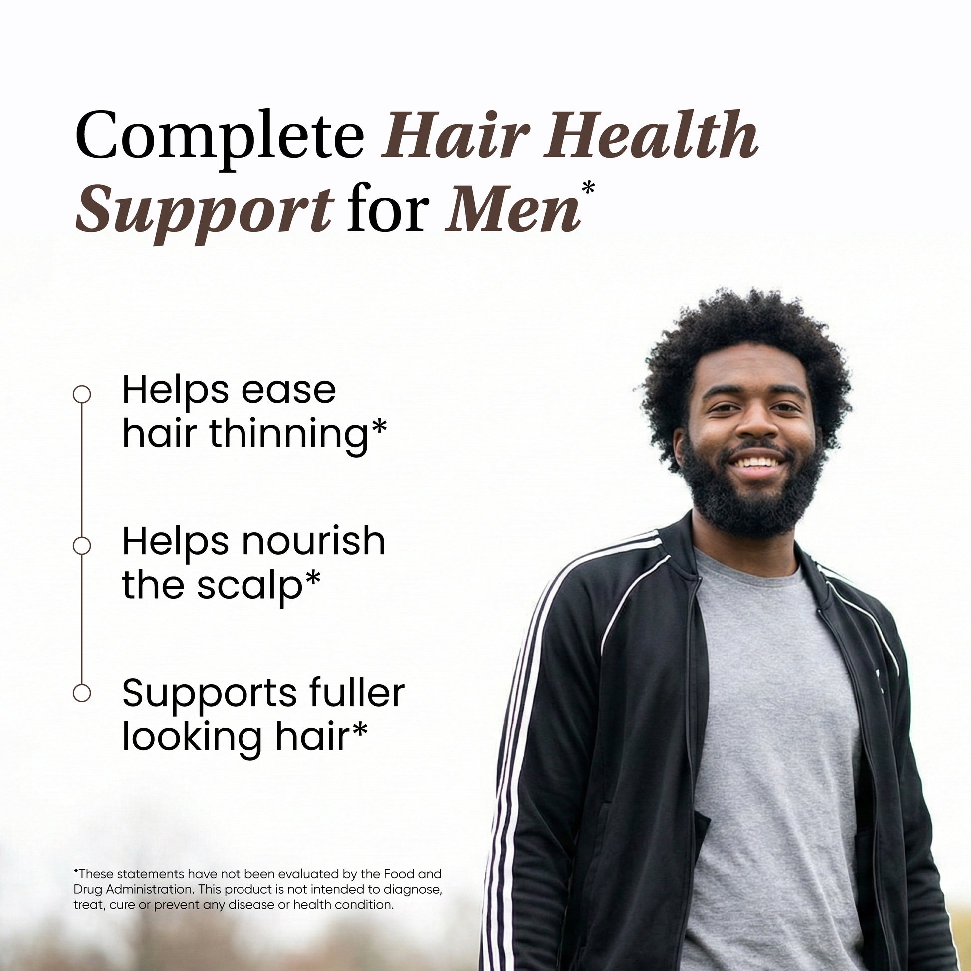 Man with a beard and black jacket standing next to text about hair health support for men.