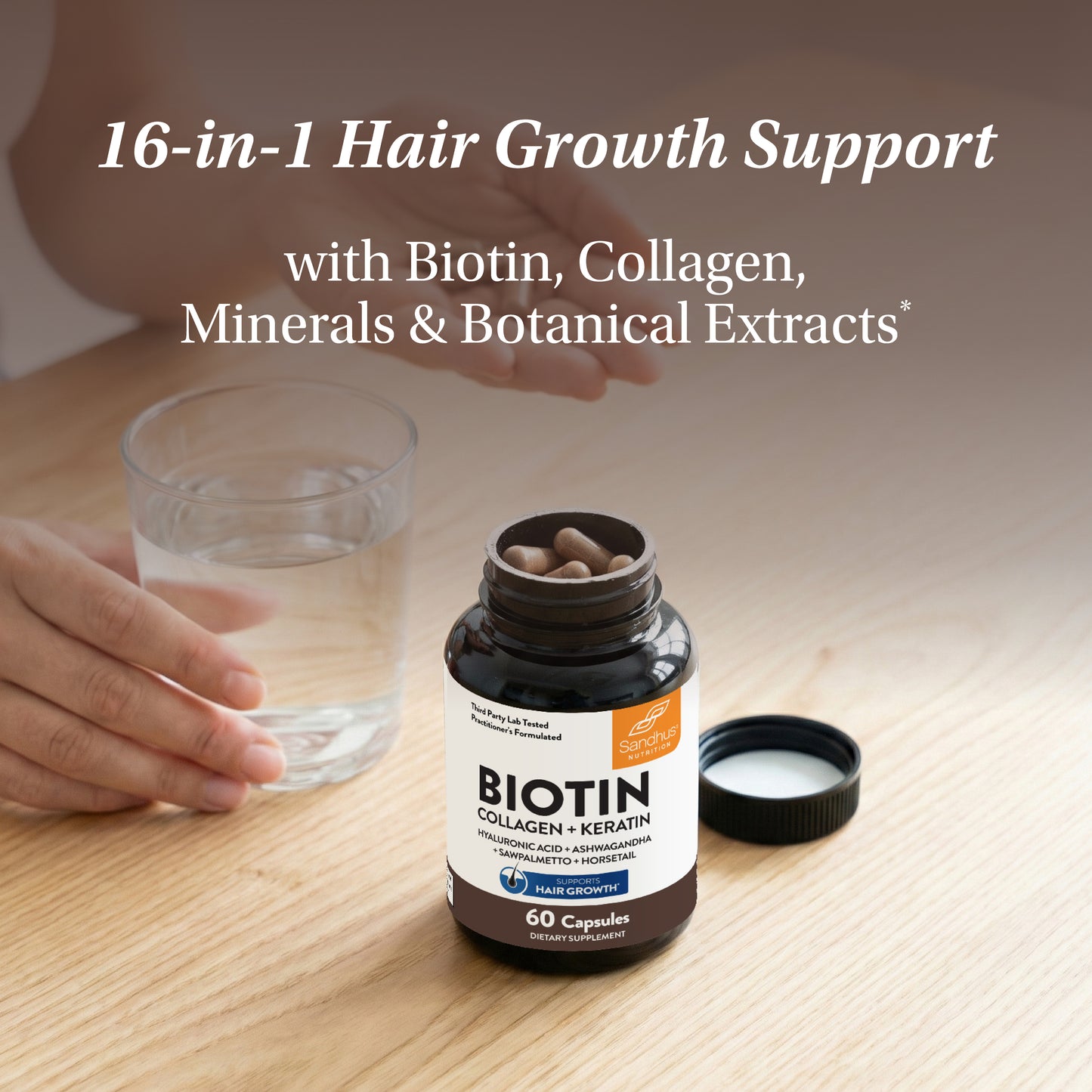 Biotin supplement bottle on a table with text about hair growth support.