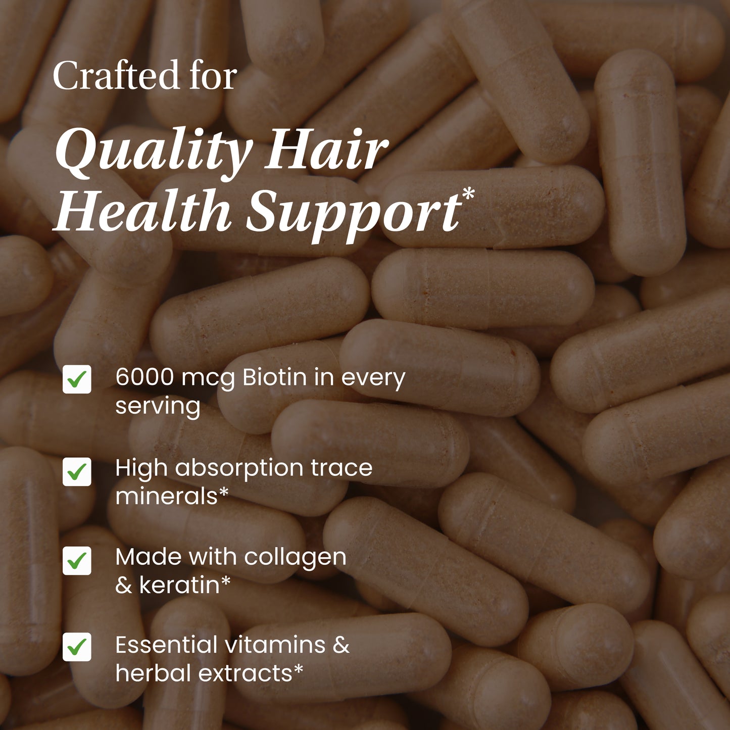Supplement capsules with text highlighting hair health support features.