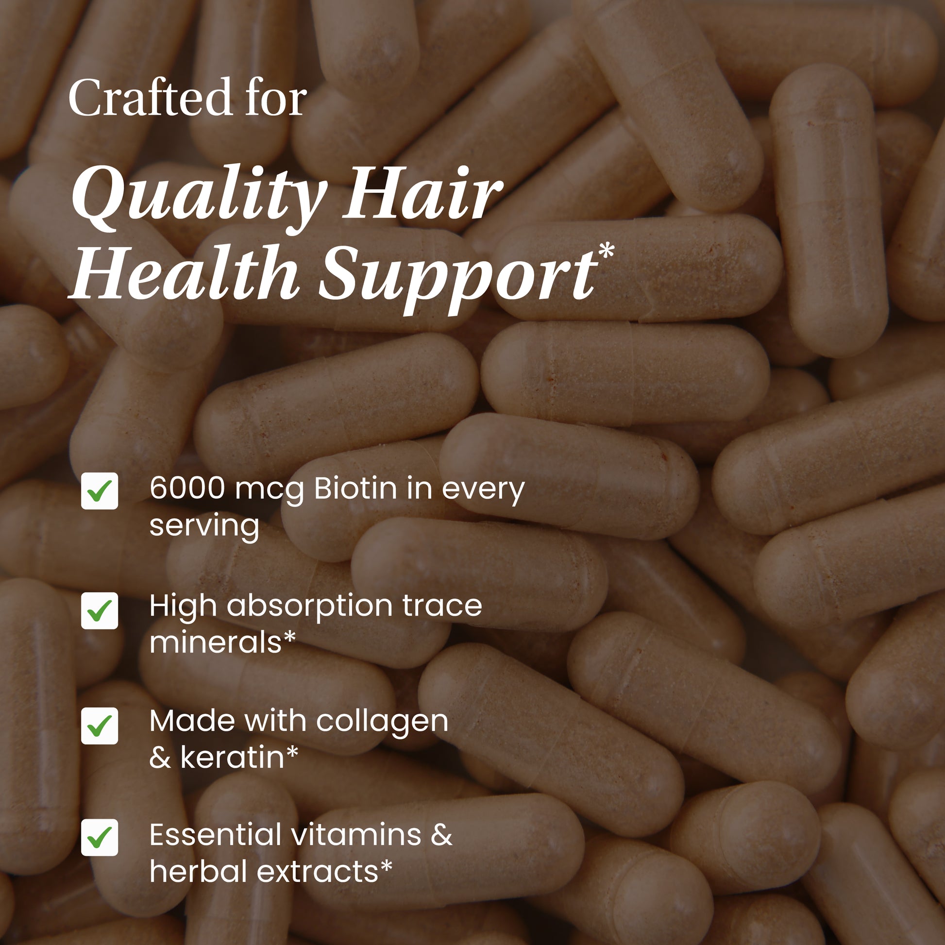 Supplement capsules with text highlighting hair health support features.