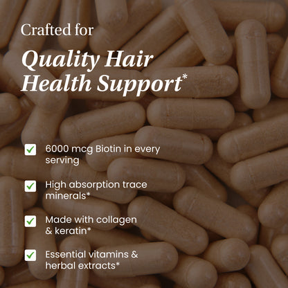 Supplement capsules with text highlighting hair health support features.