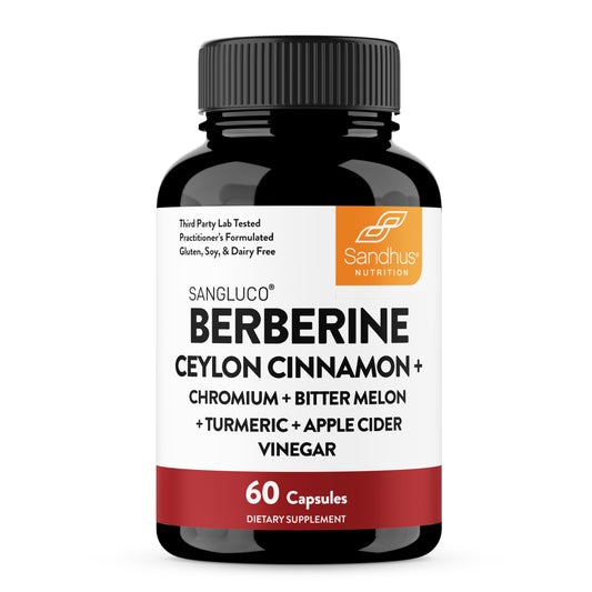 Supplement bottle labeled 'Berberine Ceylon Cinnamon' with Sandhust Nutrition branding on a white background.