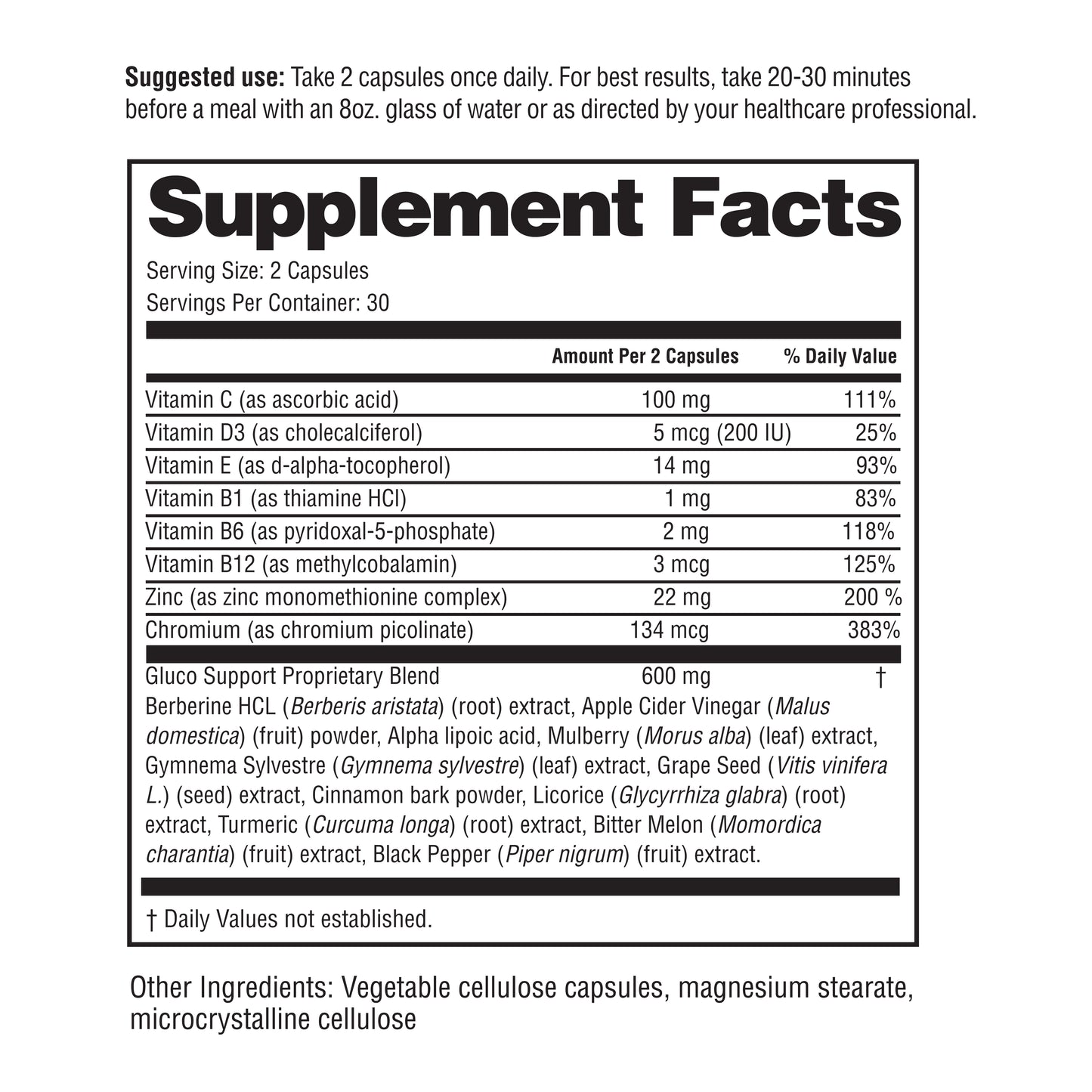 A supplement facts label for a 2-capsule daily product, showing a supplement facts panel with listed nutrients such as Vitamin C, D3, E, B6, B12, Zinc, and Gluco Support Proprietary Blend, plus suggested use and other ingredients text below on a white background.