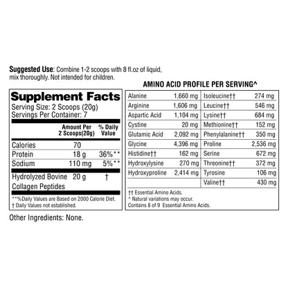 Supplement label with amino acid profile and nutritional information on a white background