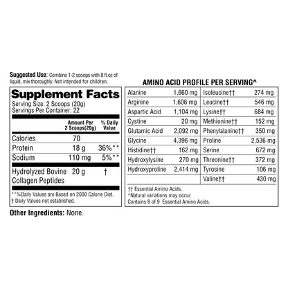 Supplement label with amino acid profile and facts on a white background