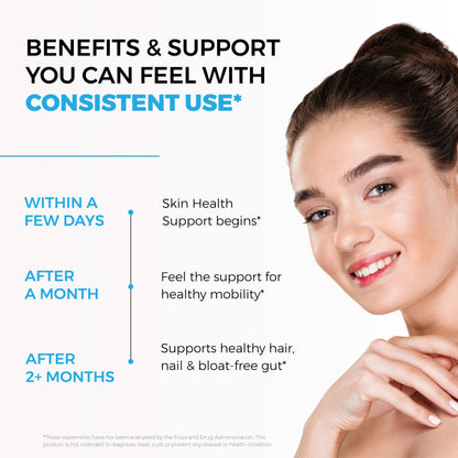 Smiling woman with clear skin beside infographic on supplement benefits. Timeline: skin, mobility, hair, nails, gut support.