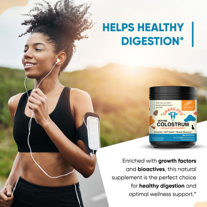 Woman exercising outdoors with a container of grass-fed colostrum powder in the foreground.