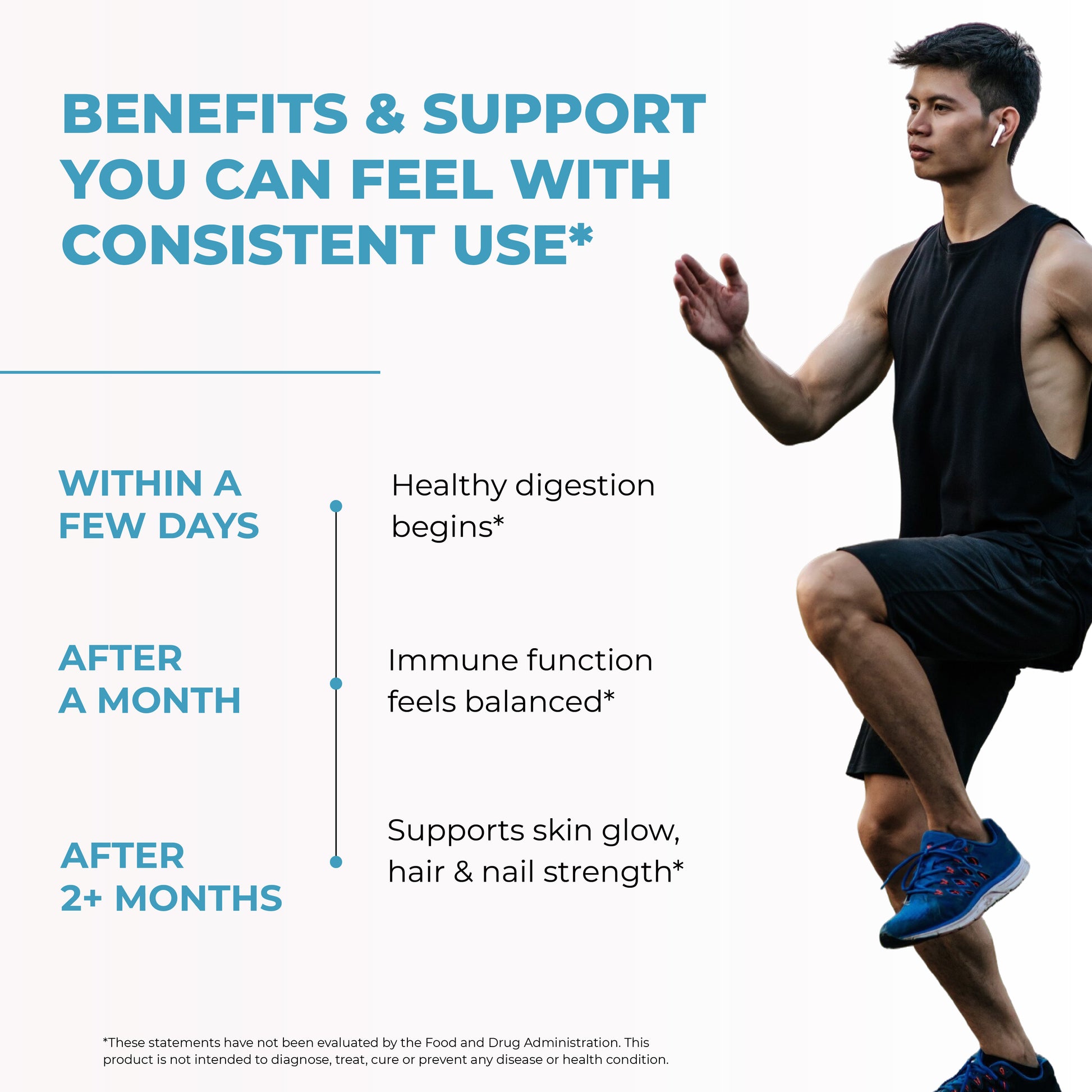 Fit man exercising with supplement benefits timeline for healthy digestion, balanced immune function, and support for skin, hair, and nail strength.