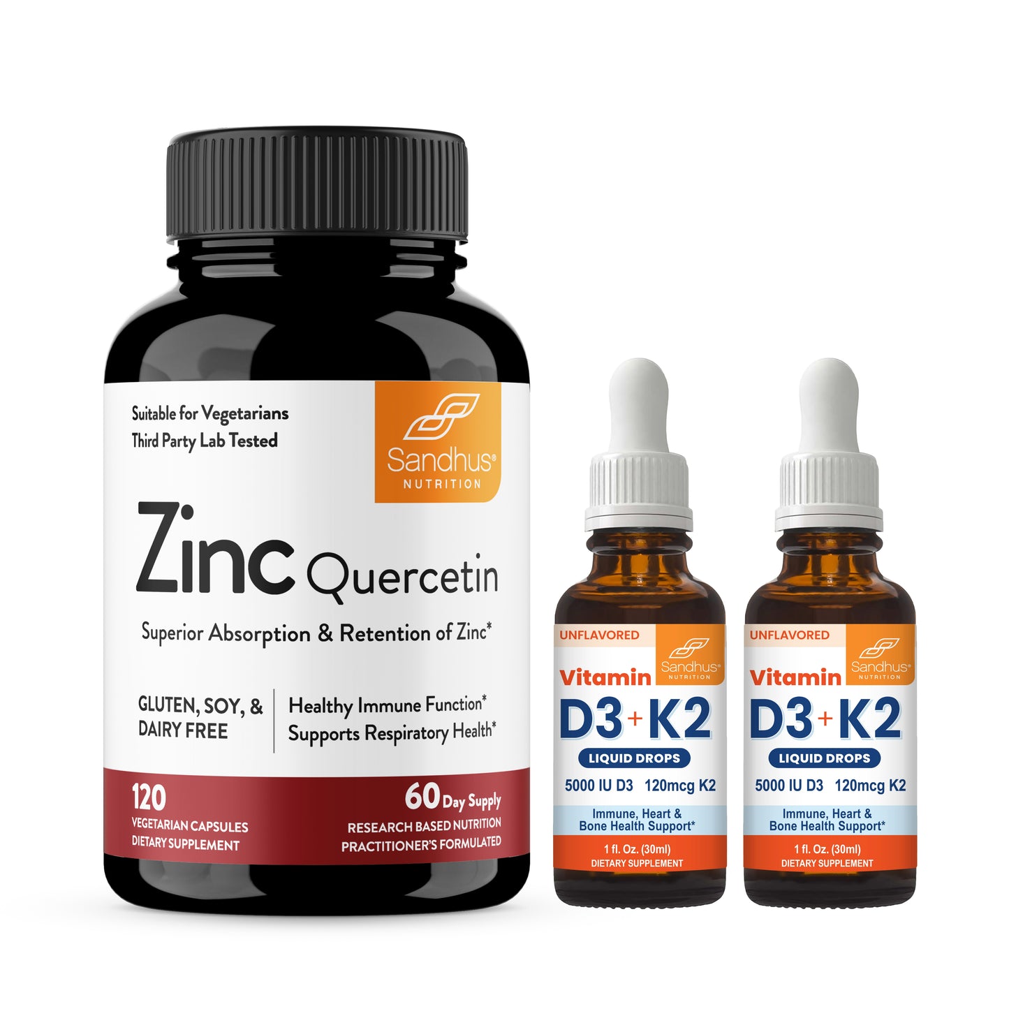 Zinc Quercetin and Vitamin D3 + K2 Liquid Drops