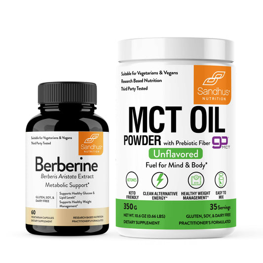 Two health supplements berberine & MCT oil powder from Sandhus Nutrition on a white background.