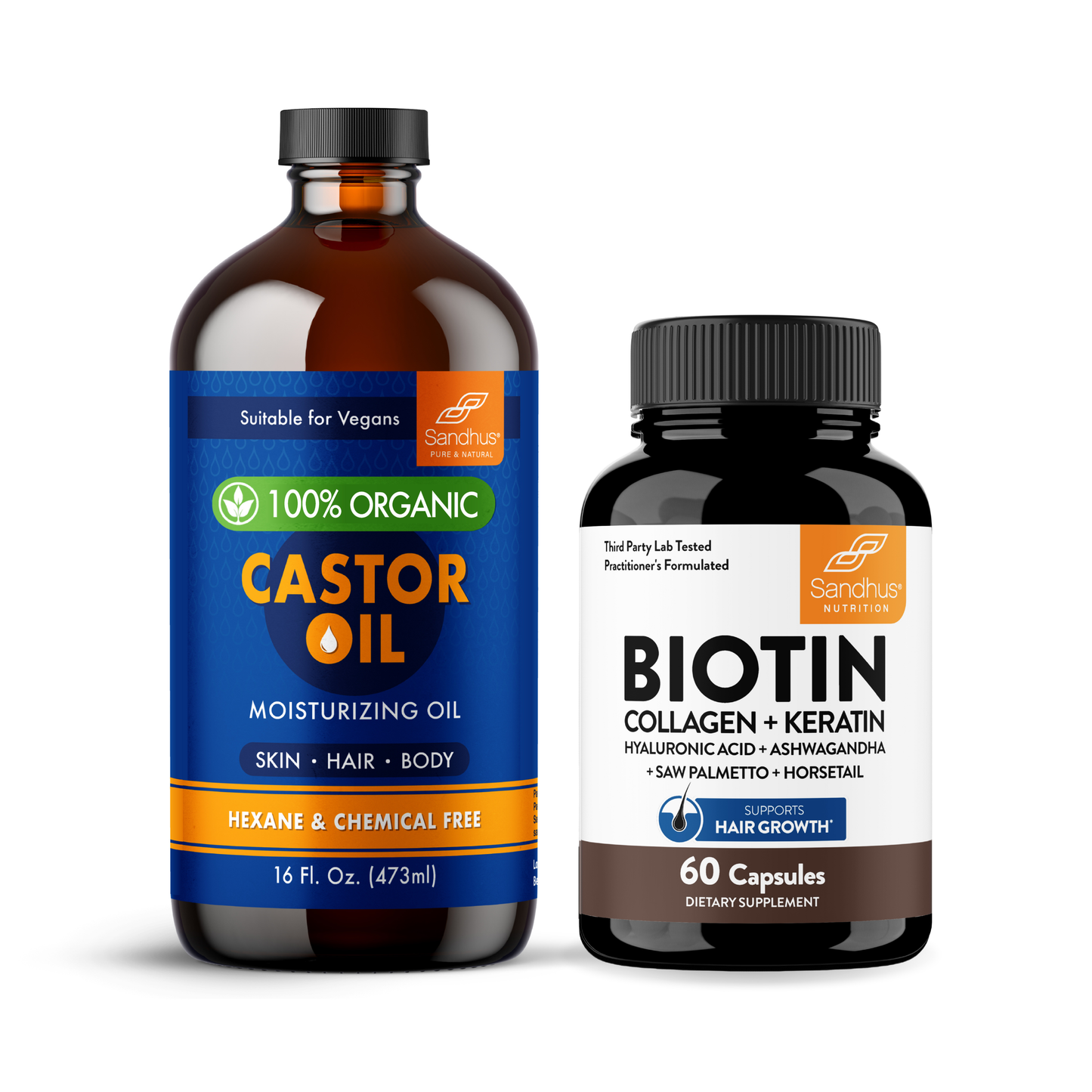 Two bottles of castor oil and biotin supplements on a white background