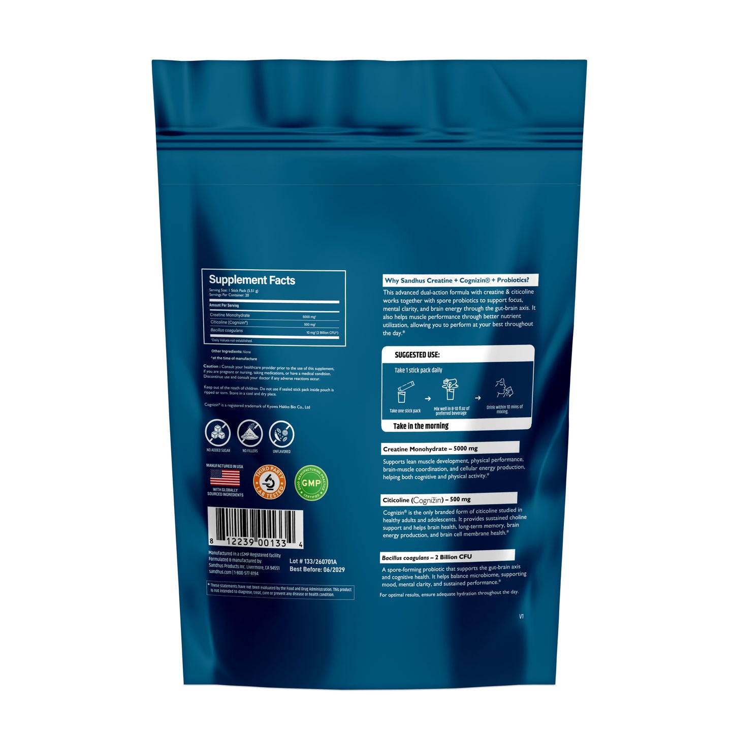 Creatine + Cognizin + Probiotics Stick Packs (20 Ct).