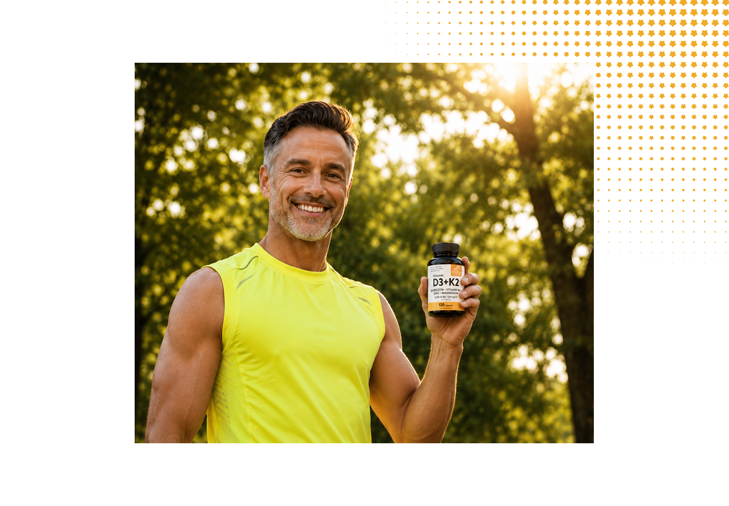A smiling man in a bright yellow sleeveless shirt stands outdoors in front of sunlit trees, holding up a small supplement bottle.