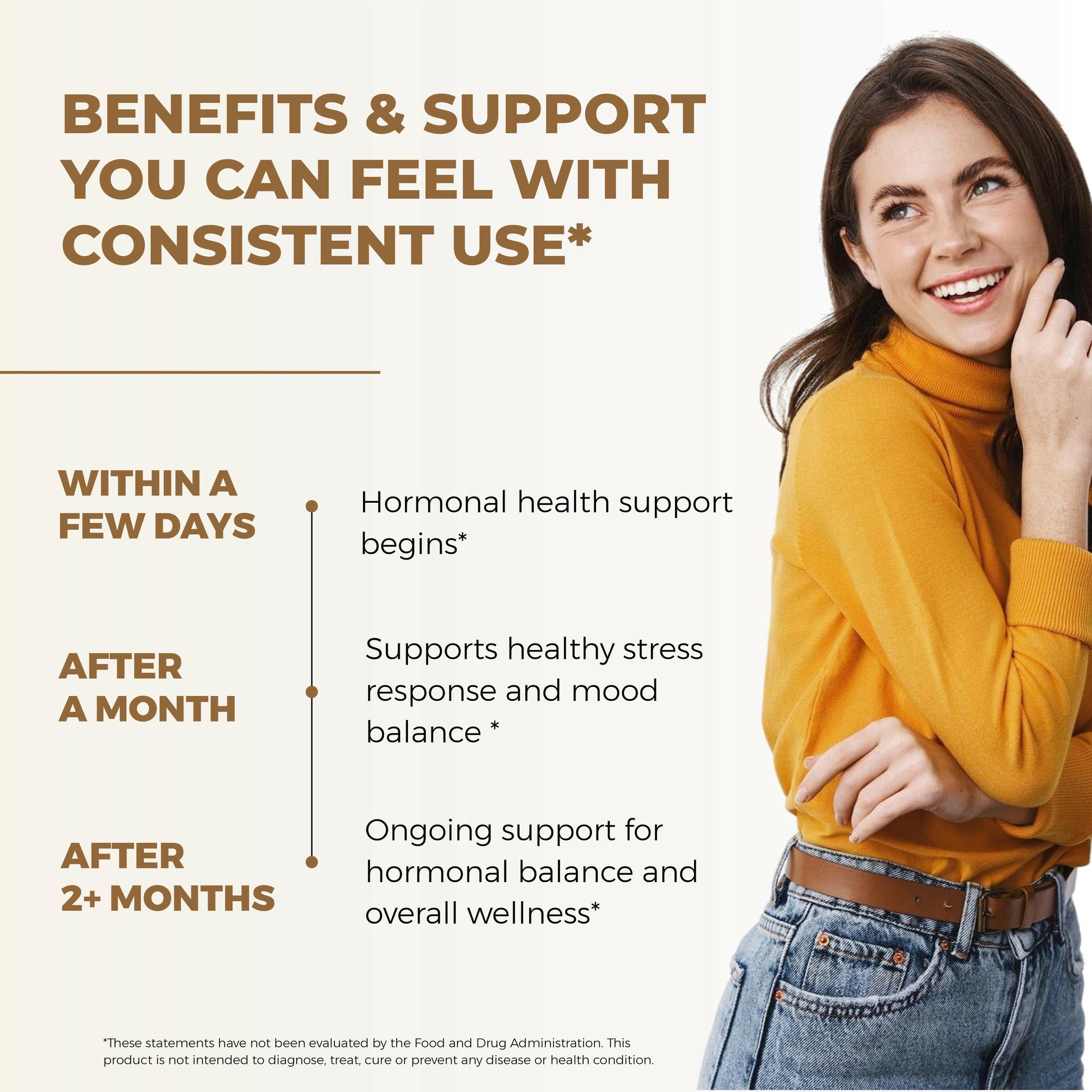 Smiling woman with text about consistent use supporting hormonal balance, stress response, mood, and overall wellness.