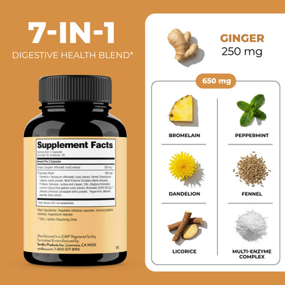 Supplement bottle labeled '7-IN-1 Digestive Health Blend' with ingredients on a brown background