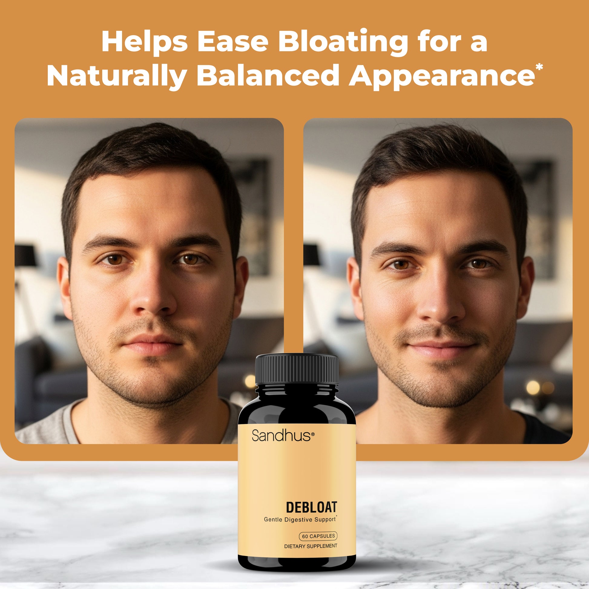 Sandhu Nutrition Debloat supplement bottle with before and after comparison of a man’s face, showing reduced bloating and improved appearance.