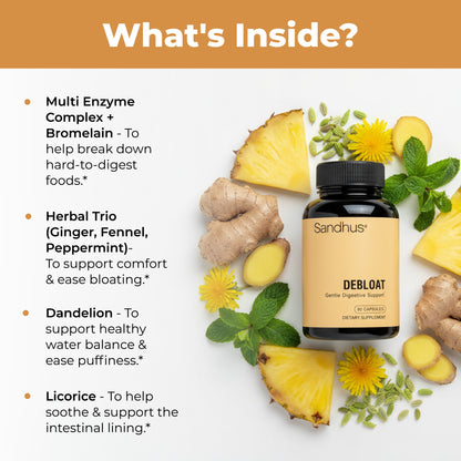 Sandhus Debloat supplement with ginger, pineapple, dandelion, and herbs for gentle digestive support.