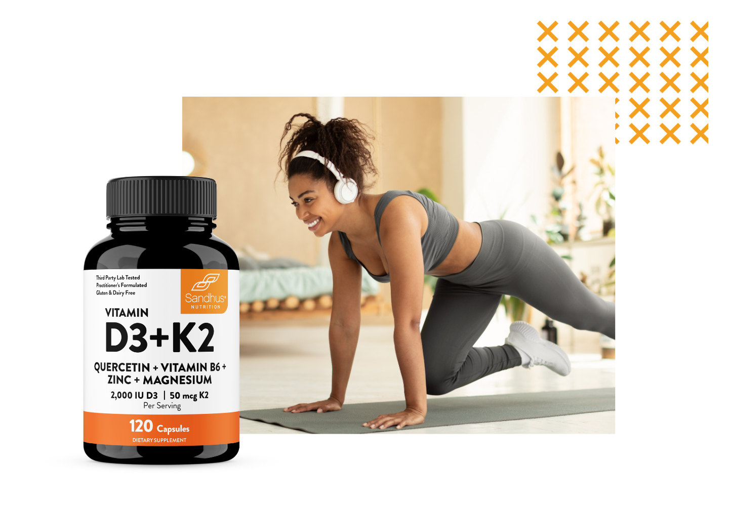 Supplement bottle labeled 'Vitamin D3+K2' with a woman exercising in the background.