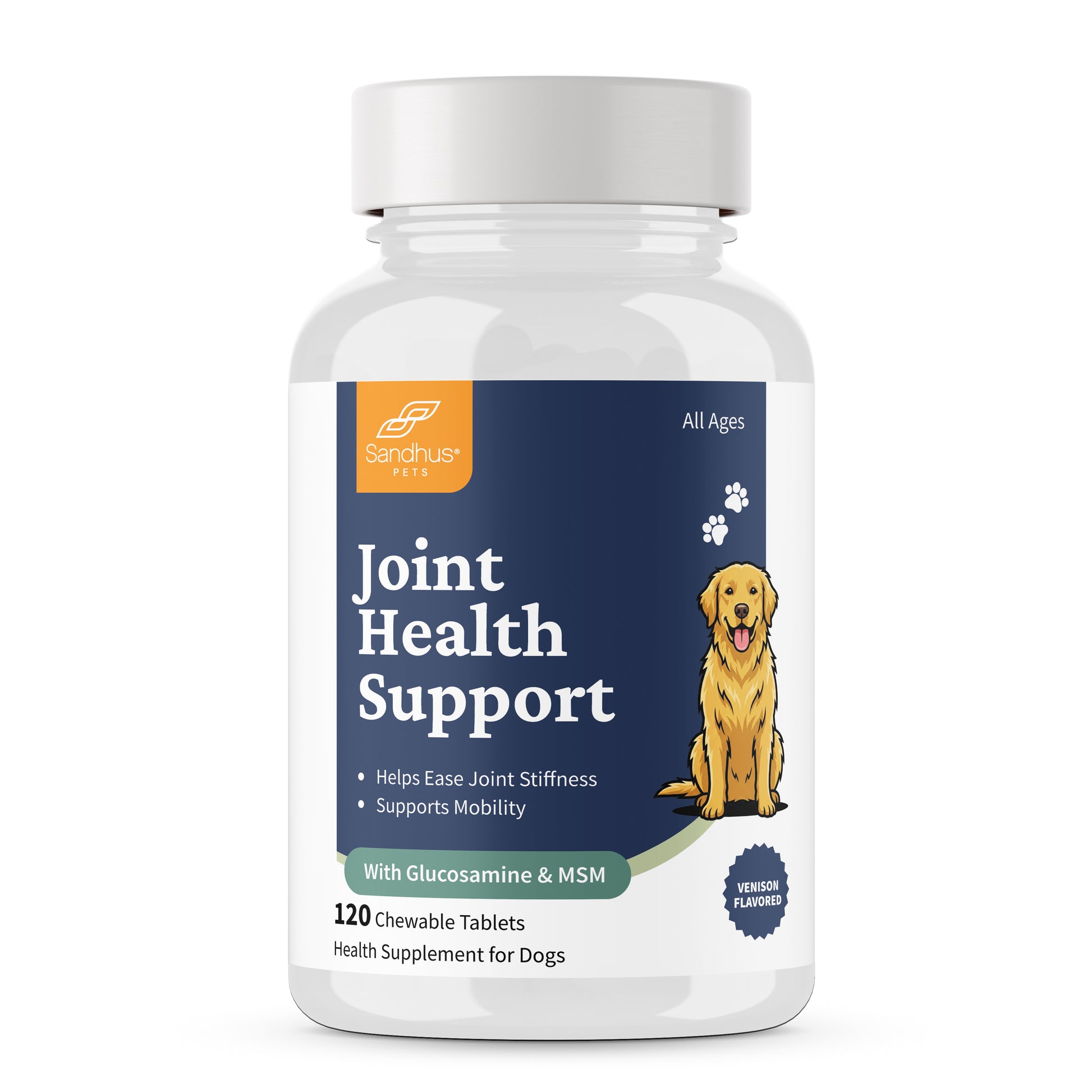 Supplement bottle for joint health support for dogs on a white background