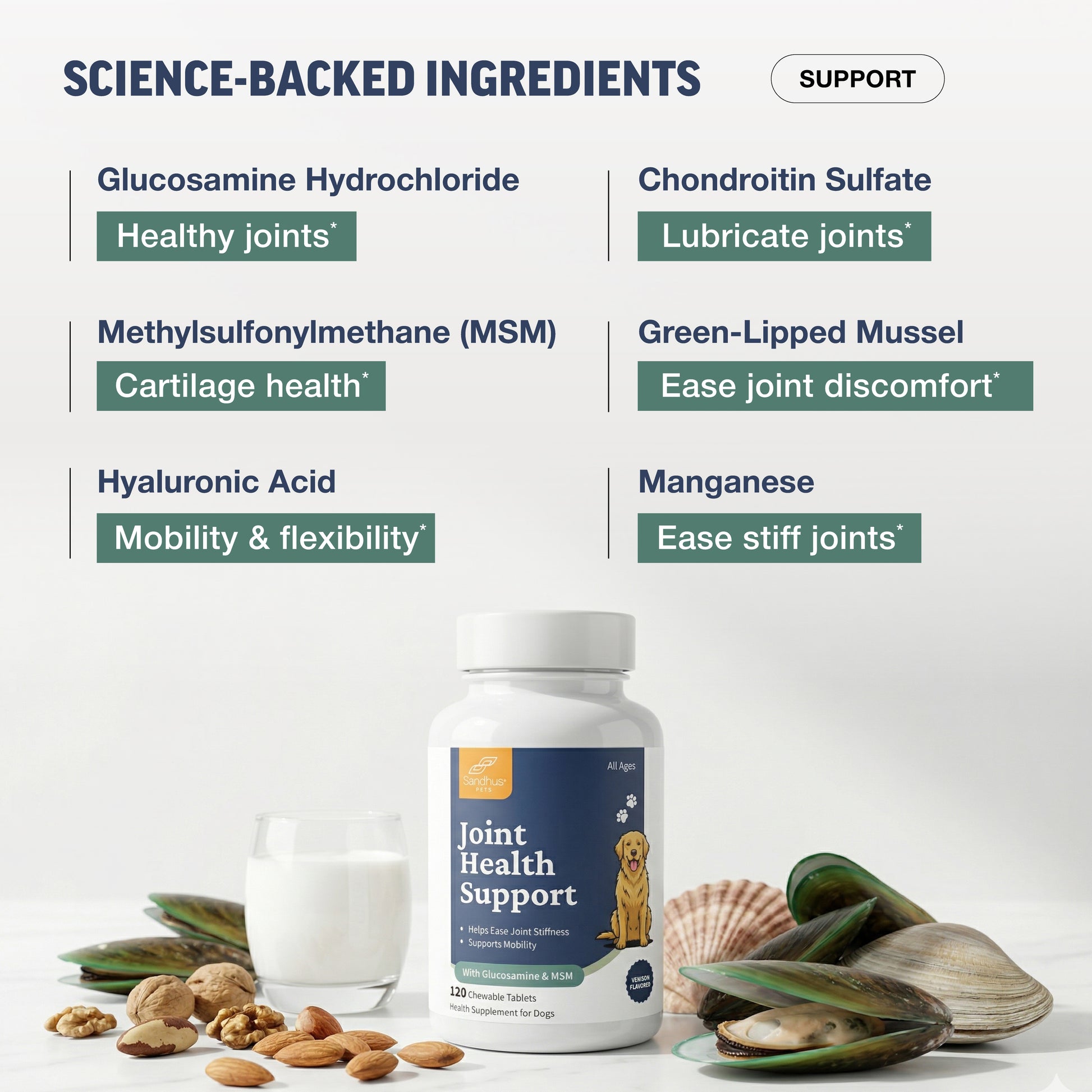 Joint health support supplement bottle with ingredients listed on a white background