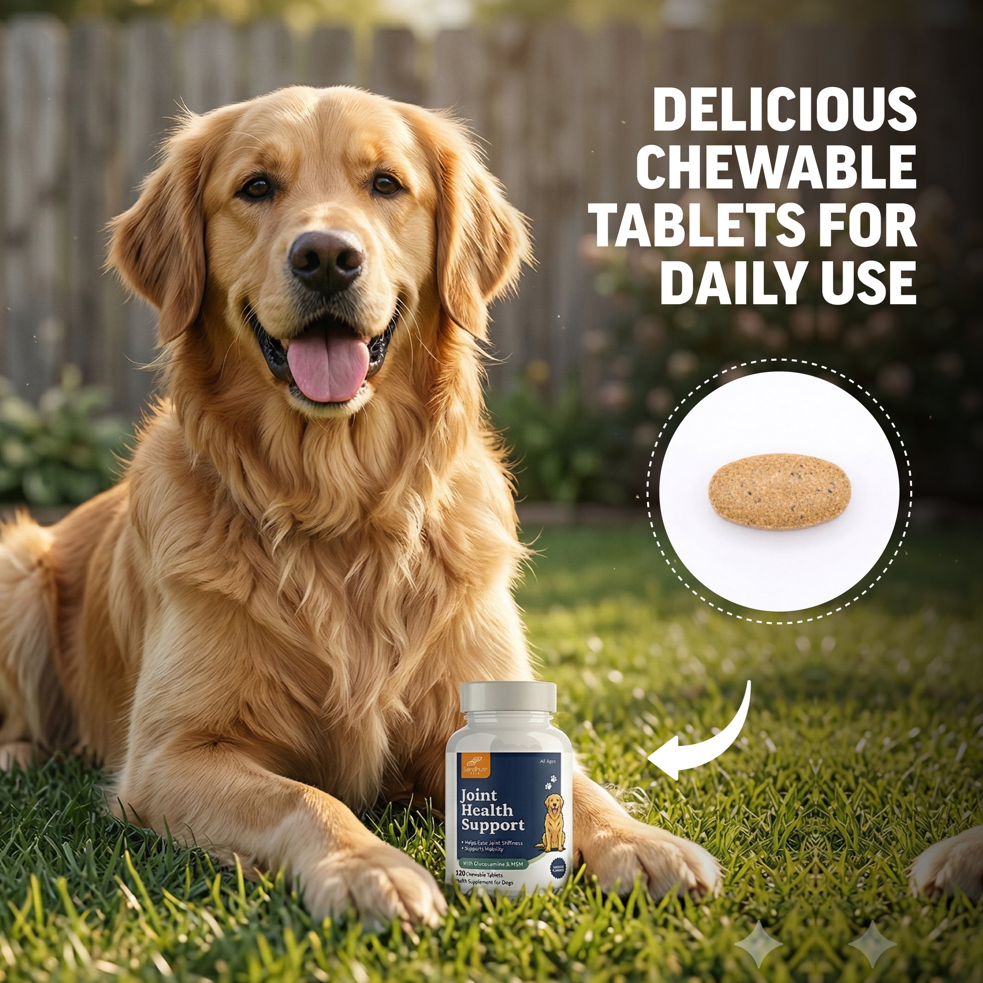 Dog lying on grass with a bottle of joint health support supplements and a chewable tablet.