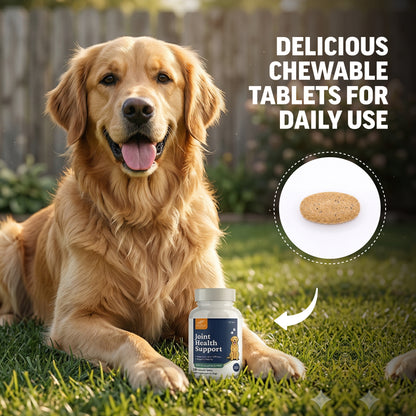 Dog lying on grass with a bottle of joint health support supplements and a chewable tablet.