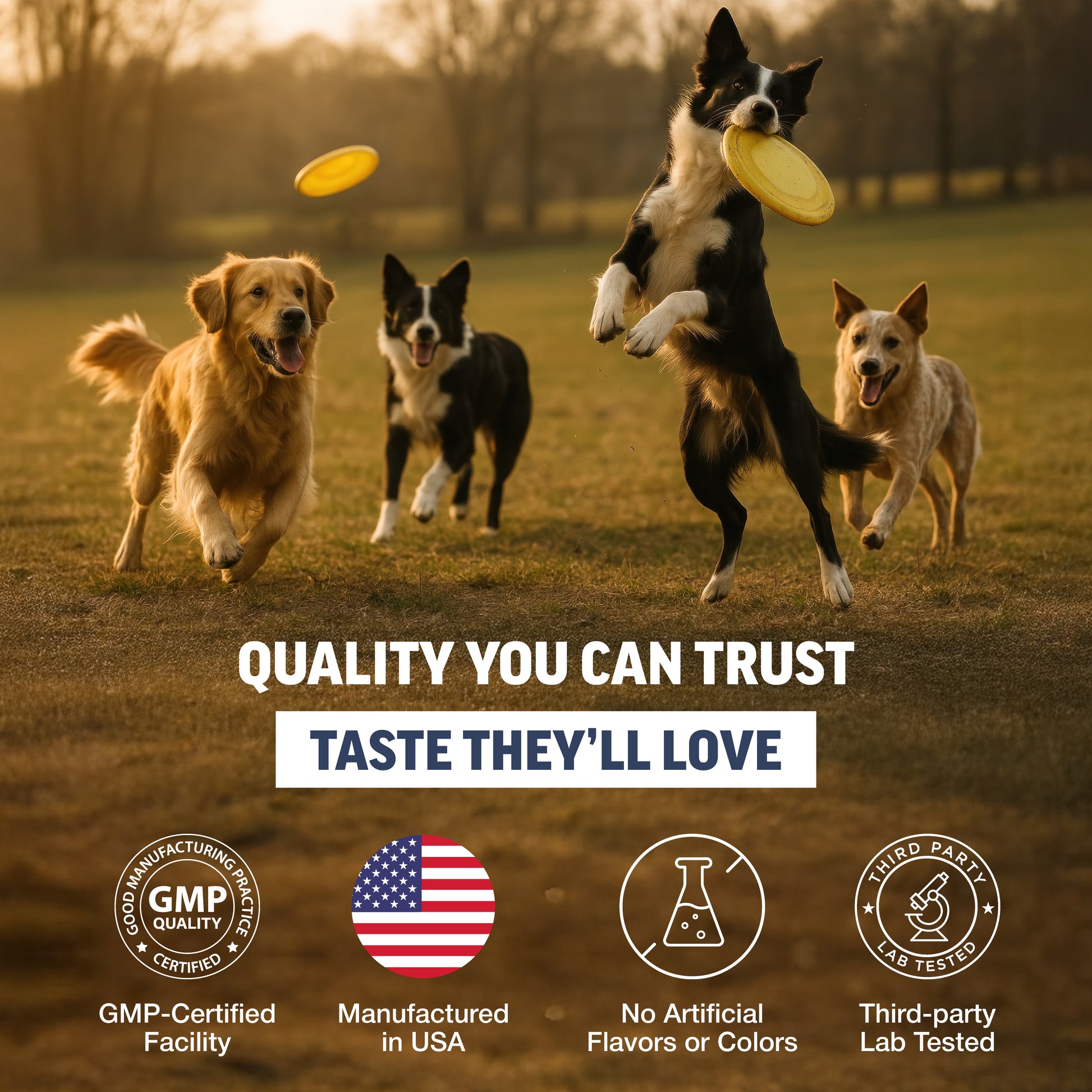 Four dogs playing with frisbees in a field with branding text and icons at the bottom.