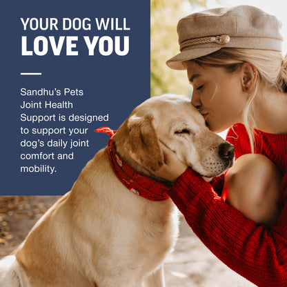 Woman in a red sweater and beige cap embracing a dog with a blue text box about joint health support.