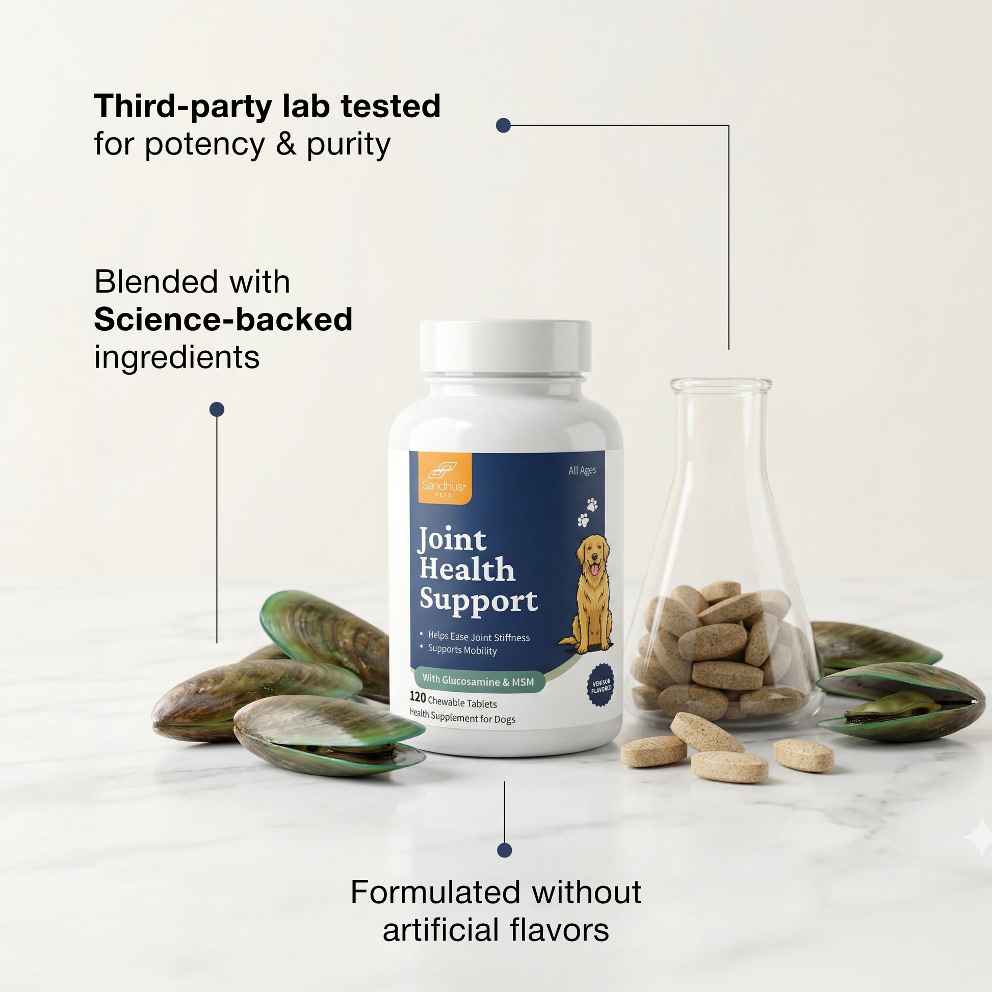 Joint health support supplement for dogs with text about third-party testing and science-backed ingredients.
