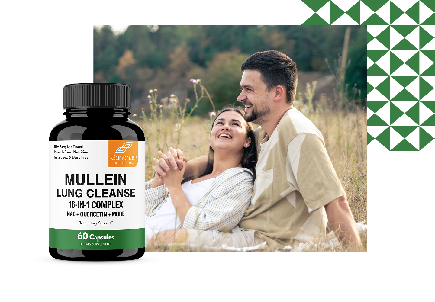 Mullein Lung Cleanse supplement bottle with a couple in a field on a white background