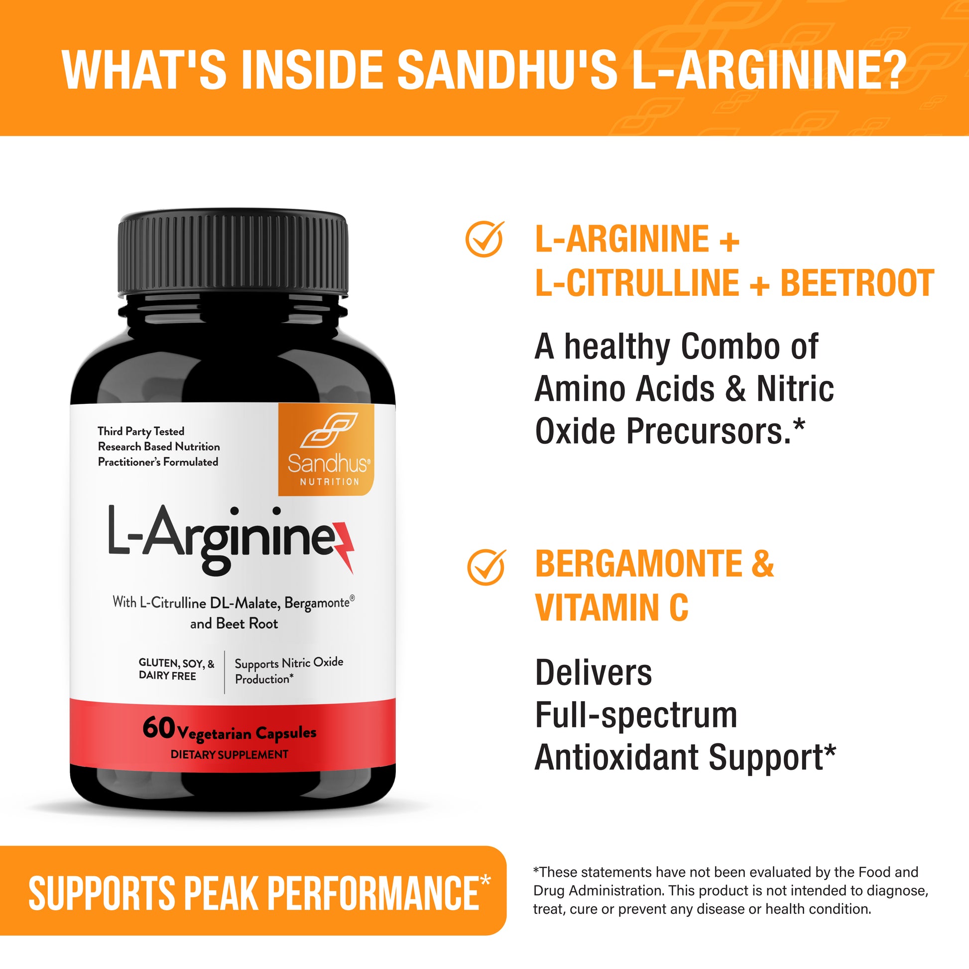 Supplement bottle labeled 'L-Arginine' with product details on a white background