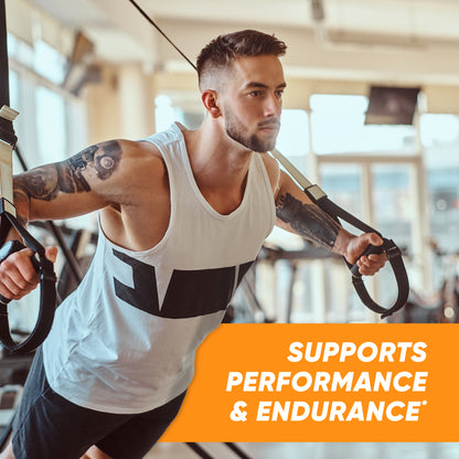 Man exercising with resistance rings in a gym, with text 'Supports Performance & Endurance' on an orange banner.